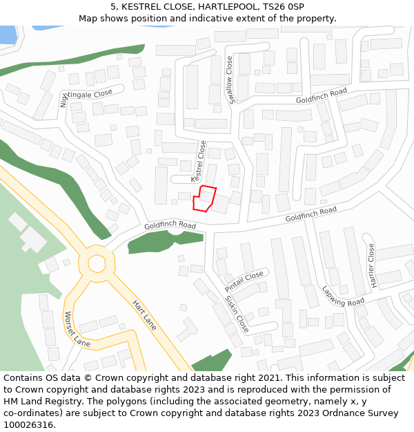 5, KESTREL CLOSE, HARTLEPOOL, TS26 0SP: Location map and indicative extent of plot