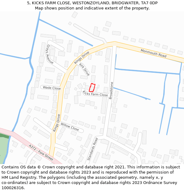 5, KICKS FARM CLOSE, WESTONZOYLAND, BRIDGWATER, TA7 0DP: Location map and indicative extent of plot