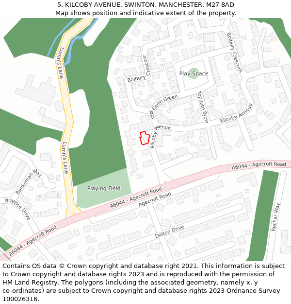 5, KILCOBY AVENUE, SWINTON, MANCHESTER, M27 8AD: Location map and indicative extent of plot