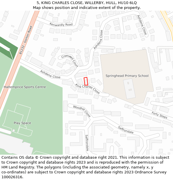 5, KING CHARLES CLOSE, WILLERBY, HULL, HU10 6LQ: Location map and indicative extent of plot