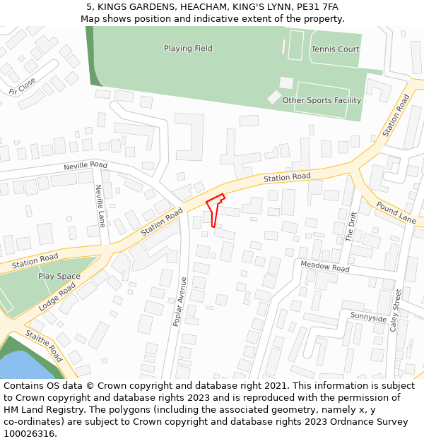 5, KINGS GARDENS, HEACHAM, KING'S LYNN, PE31 7FA: Location map and indicative extent of plot