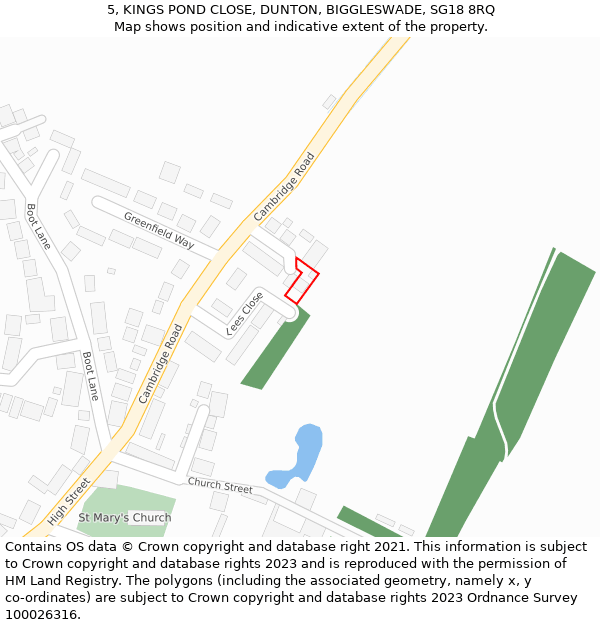 5, KINGS POND CLOSE, DUNTON, BIGGLESWADE, SG18 8RQ: Location map and indicative extent of plot