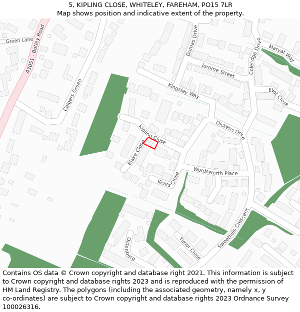 5, KIPLING CLOSE, WHITELEY, FAREHAM, PO15 7LR: Location map and indicative extent of plot