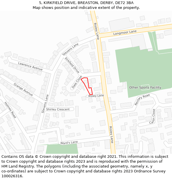 5, KIRKFIELD DRIVE, BREASTON, DERBY, DE72 3BA: Location map and indicative extent of plot