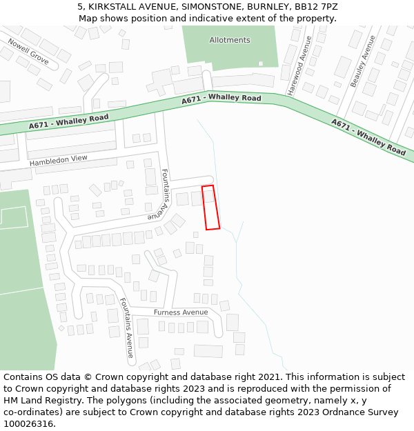 5, KIRKSTALL AVENUE, SIMONSTONE, BURNLEY, BB12 7PZ: Location map and indicative extent of plot