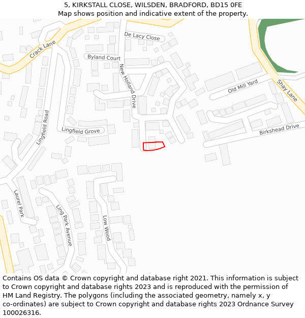 5, KIRKSTALL CLOSE, WILSDEN, BRADFORD, BD15 0FE: Location map and indicative extent of plot