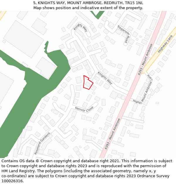 5, KNIGHTS WAY, MOUNT AMBROSE, REDRUTH, TR15 1NL: Location map and indicative extent of plot