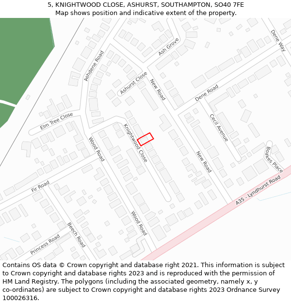 5, KNIGHTWOOD CLOSE, ASHURST, SOUTHAMPTON, SO40 7FE: Location map and indicative extent of plot