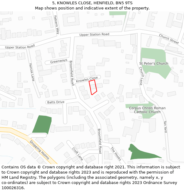 5, KNOWLES CLOSE, HENFIELD, BN5 9TS: Location map and indicative extent of plot