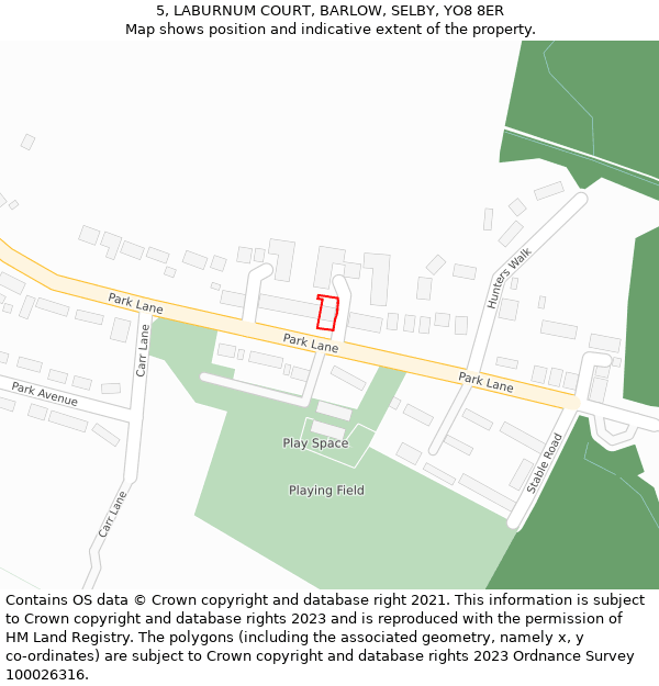 5, LABURNUM COURT, BARLOW, SELBY, YO8 8ER: Location map and indicative extent of plot