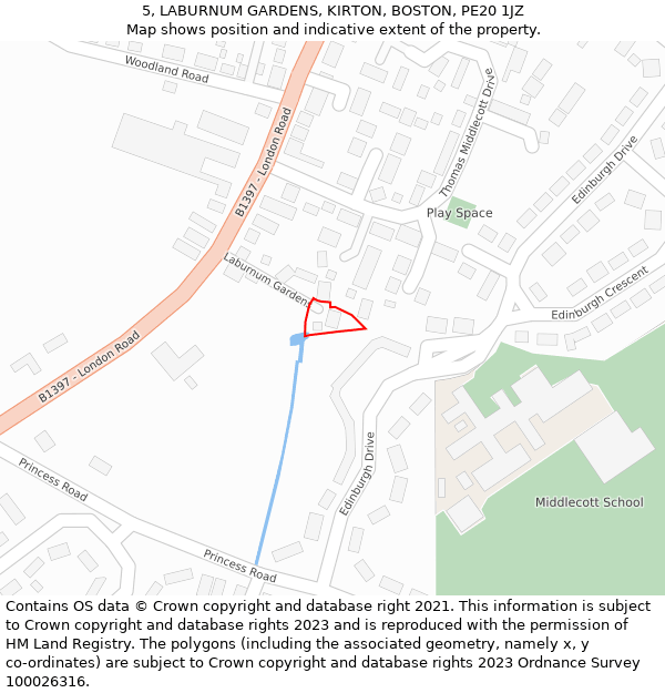 5, LABURNUM GARDENS, KIRTON, BOSTON, PE20 1JZ: Location map and indicative extent of plot