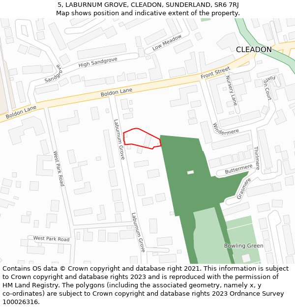 5, LABURNUM GROVE, CLEADON, SUNDERLAND, SR6 7RJ: Location map and indicative extent of plot