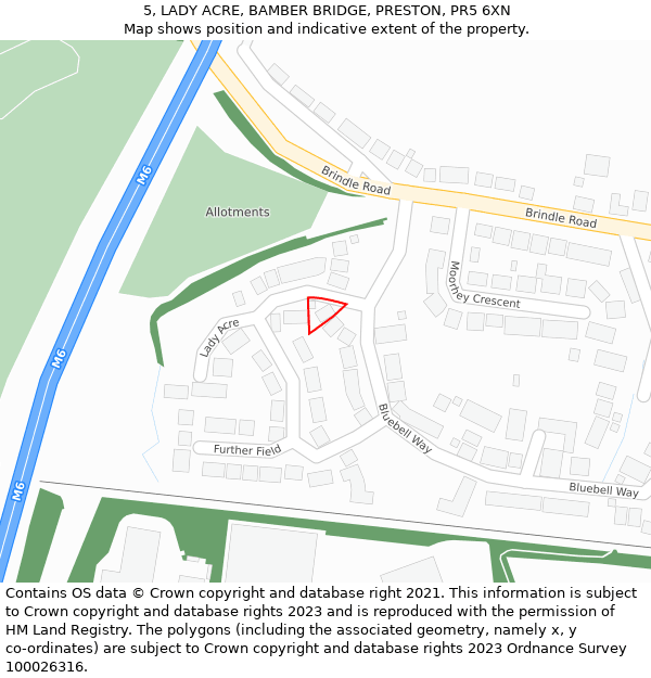 5, LADY ACRE, BAMBER BRIDGE, PRESTON, PR5 6XN: Location map and indicative extent of plot