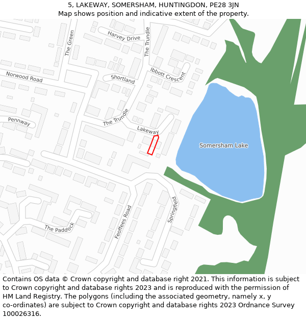 5, LAKEWAY, SOMERSHAM, HUNTINGDON, PE28 3JN: Location map and indicative extent of plot