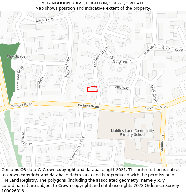 5, LAMBOURN DRIVE, LEIGHTON, CREWE, CW1 4TL: Location map and indicative extent of plot