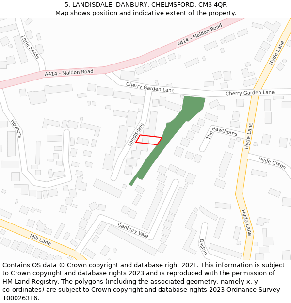 5, LANDISDALE, DANBURY, CHELMSFORD, CM3 4QR: Location map and indicative extent of plot