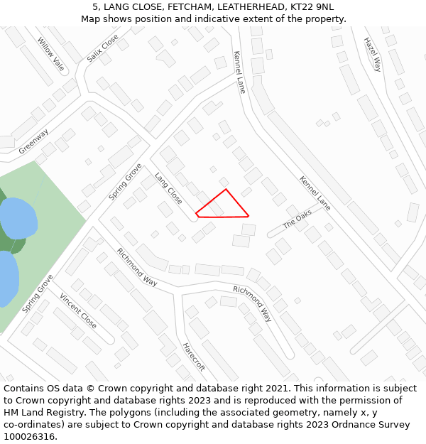 5, LANG CLOSE, FETCHAM, LEATHERHEAD, KT22 9NL: Location map and indicative extent of plot