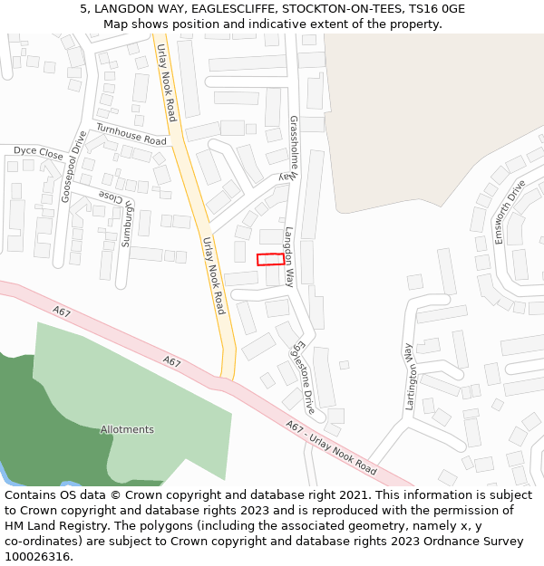 5, LANGDON WAY, EAGLESCLIFFE, STOCKTON-ON-TEES, TS16 0GE: Location map and indicative extent of plot
