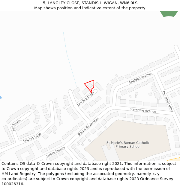 5, LANGLEY CLOSE, STANDISH, WIGAN, WN6 0LS: Location map and indicative extent of plot