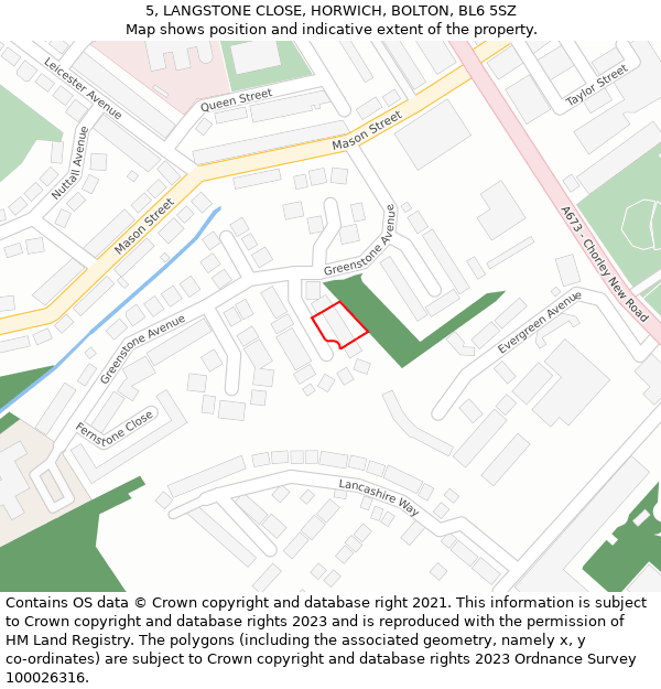 5, LANGSTONE CLOSE, HORWICH, BOLTON, BL6 5SZ: Location map and indicative extent of plot
