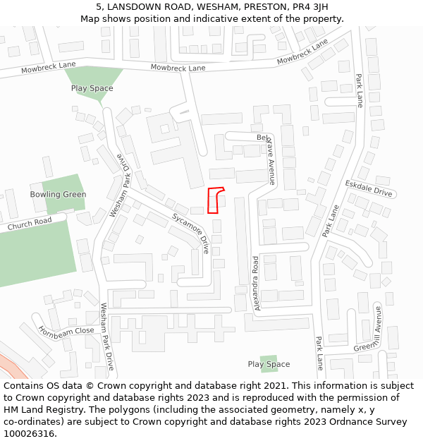 5, LANSDOWN ROAD, WESHAM, PRESTON, PR4 3JH: Location map and indicative extent of plot
