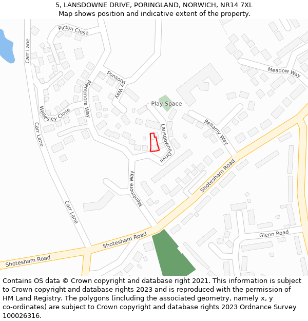 5, LANSDOWNE DRIVE, PORINGLAND, NORWICH, NR14 7XL: Location map and indicative extent of plot