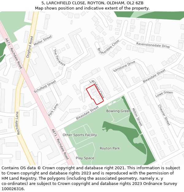 5, LARCHFIELD CLOSE, ROYTON, OLDHAM, OL2 6ZB: Location map and indicative extent of plot