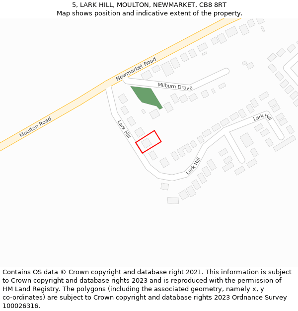 5, LARK HILL, MOULTON, NEWMARKET, CB8 8RT: Location map and indicative extent of plot