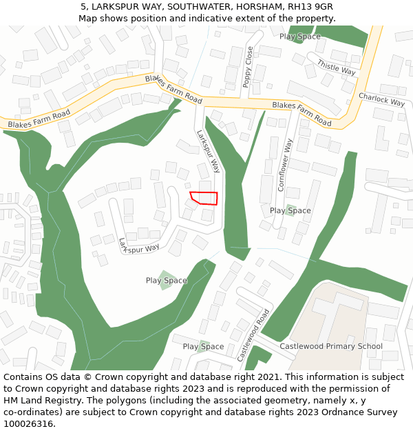 5, LARKSPUR WAY, SOUTHWATER, HORSHAM, RH13 9GR: Location map and indicative extent of plot