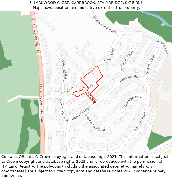 5, LARKWOOD CLOSE, CARRBROOK, STALYBRIDGE, SK15 3NL: Location map and indicative extent of plot