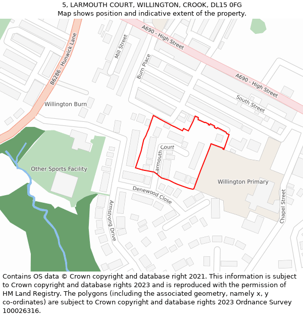 5, LARMOUTH COURT, WILLINGTON, CROOK, DL15 0FG: Location map and indicative extent of plot