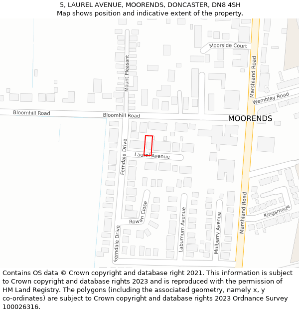 5, LAUREL AVENUE, MOORENDS, DONCASTER, DN8 4SH: Location map and indicative extent of plot