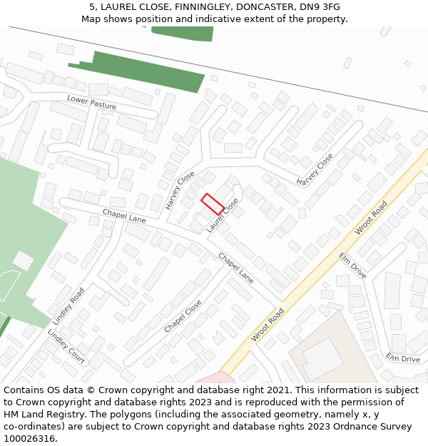 5, LAUREL CLOSE, FINNINGLEY, DONCASTER, DN9 3FG: Location map and indicative extent of plot