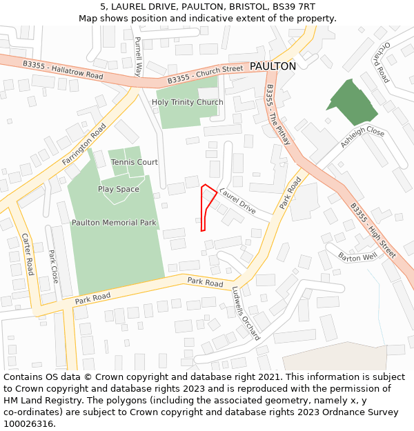 5, LAUREL DRIVE, PAULTON, BRISTOL, BS39 7RT: Location map and indicative extent of plot