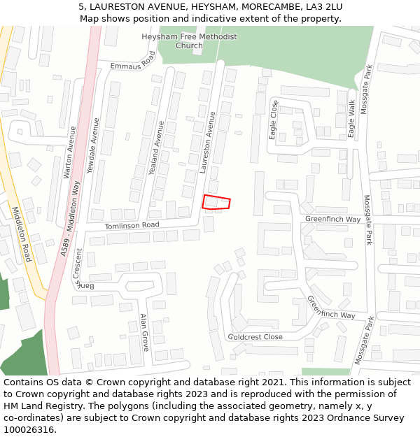 5, LAURESTON AVENUE, HEYSHAM, MORECAMBE, LA3 2LU: Location map and indicative extent of plot