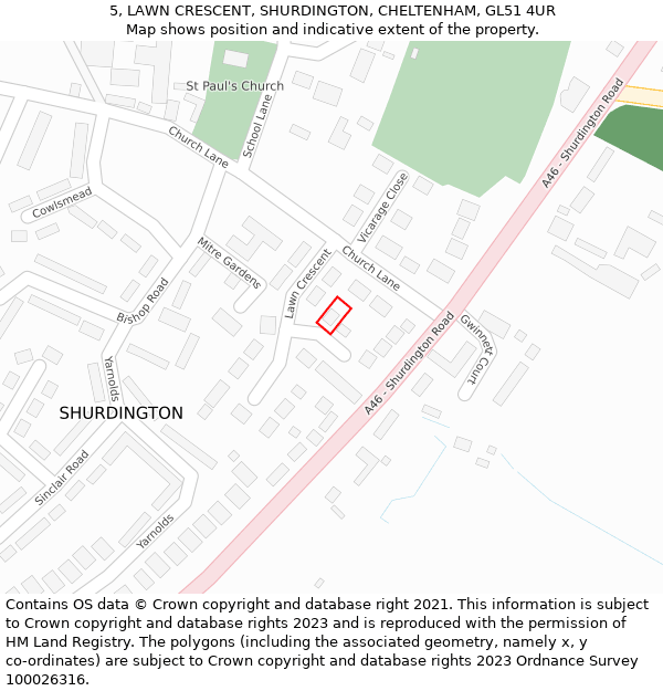 5, LAWN CRESCENT, SHURDINGTON, CHELTENHAM, GL51 4UR: Location map and indicative extent of plot