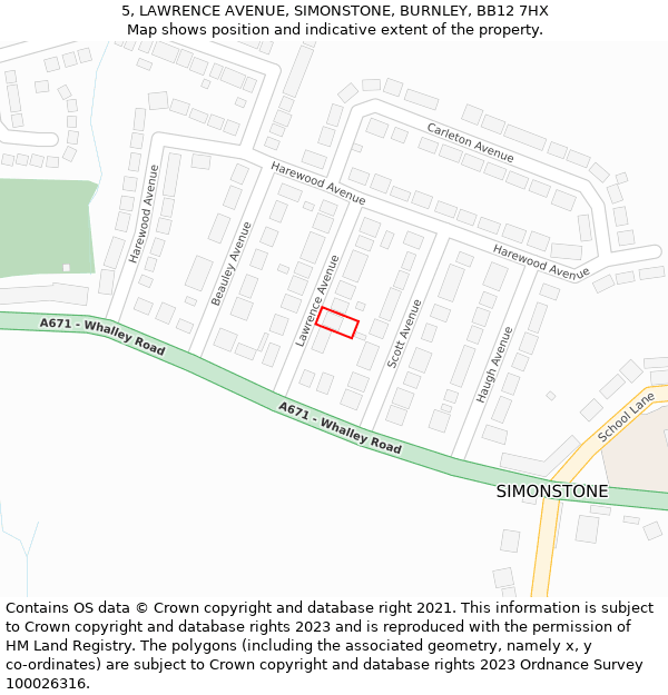 5, LAWRENCE AVENUE, SIMONSTONE, BURNLEY, BB12 7HX: Location map and indicative extent of plot