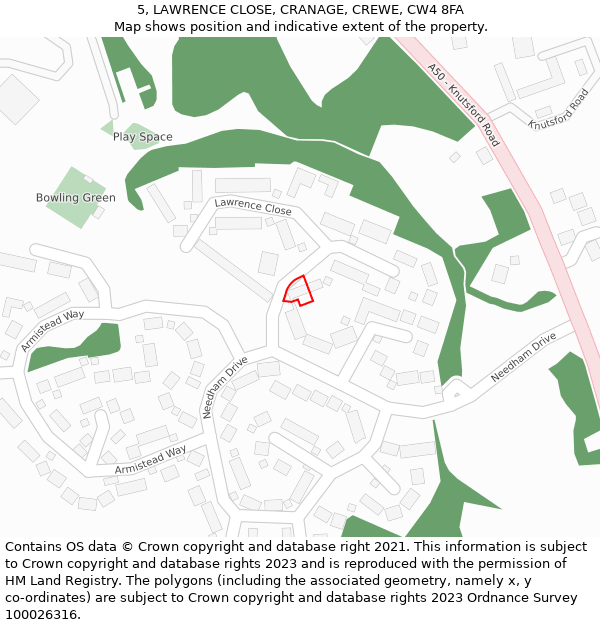 5, LAWRENCE CLOSE, CRANAGE, CREWE, CW4 8FA: Location map and indicative extent of plot