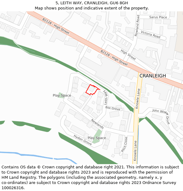 5, LEITH WAY, CRANLEIGH, GU6 8GH: Location map and indicative extent of plot