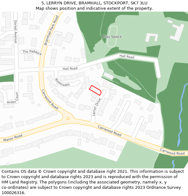 5, LERRYN DRIVE, BRAMHALL, STOCKPORT, SK7 3LU: Location map and indicative extent of plot