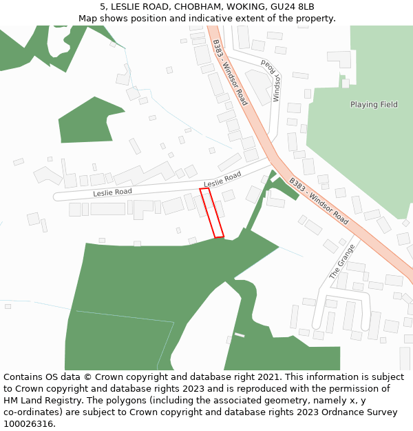 5, LESLIE ROAD, CHOBHAM, WOKING, GU24 8LB: Location map and indicative extent of plot