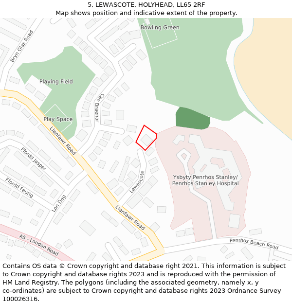 5, LEWASCOTE, HOLYHEAD, LL65 2RF: Location map and indicative extent of plot