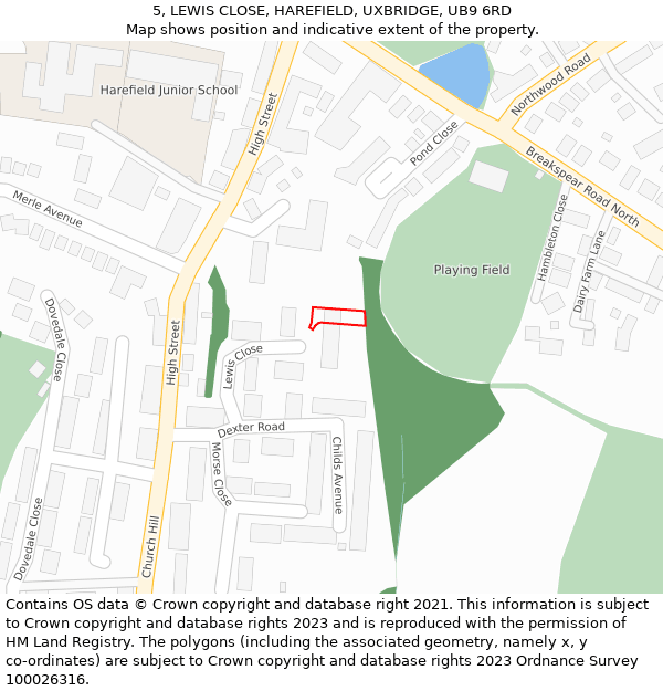 5, LEWIS CLOSE, HAREFIELD, UXBRIDGE, UB9 6RD: Location map and indicative extent of plot