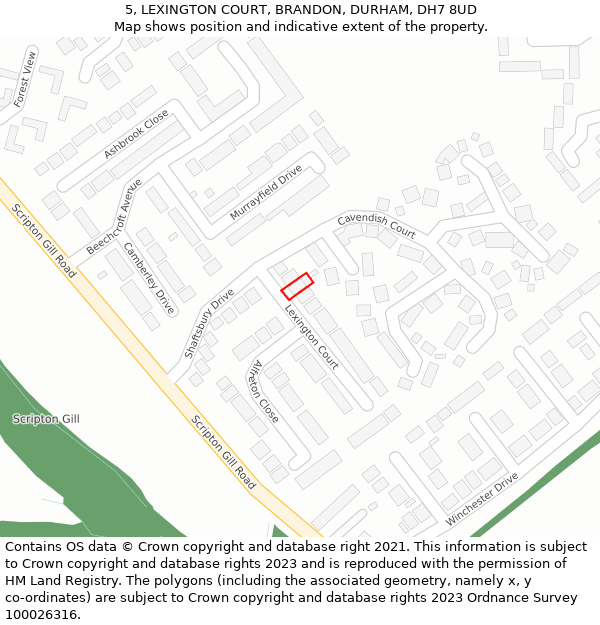 5, LEXINGTON COURT, BRANDON, DURHAM, DH7 8UD: Location map and indicative extent of plot