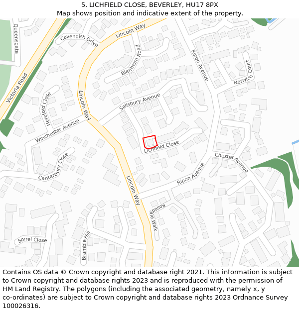 5, LICHFIELD CLOSE, BEVERLEY, HU17 8PX: Location map and indicative extent of plot