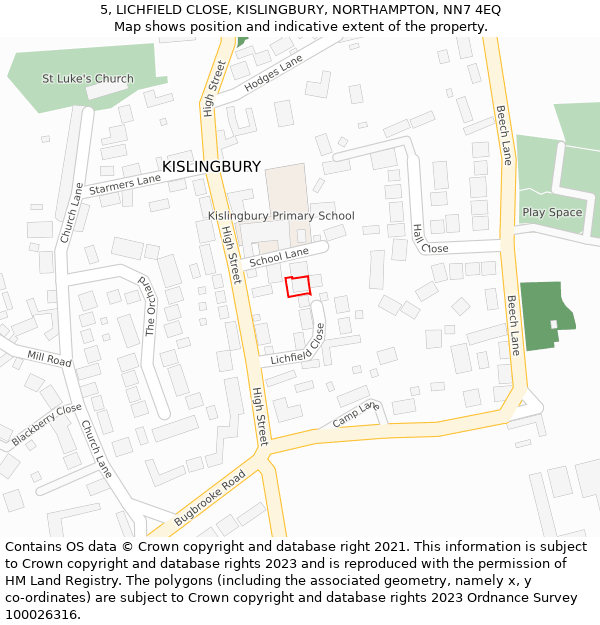 5, LICHFIELD CLOSE, KISLINGBURY, NORTHAMPTON, NN7 4EQ: Location map and indicative extent of plot