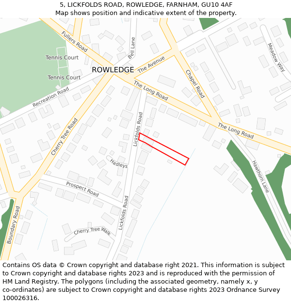 5, LICKFOLDS ROAD, ROWLEDGE, FARNHAM, GU10 4AF: Location map and indicative extent of plot