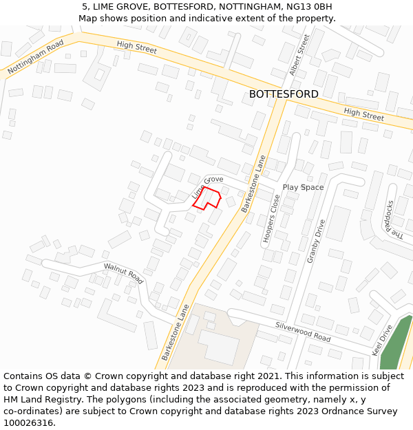 5, LIME GROVE, BOTTESFORD, NOTTINGHAM, NG13 0BH: Location map and indicative extent of plot