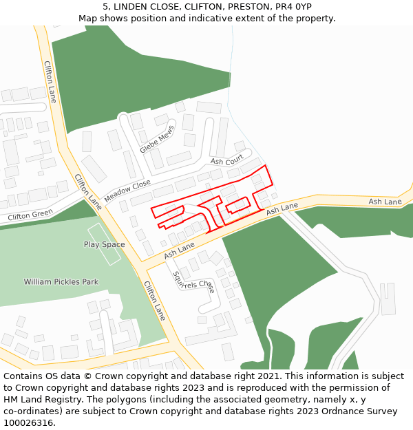 5, LINDEN CLOSE, CLIFTON, PRESTON, PR4 0YP: Location map and indicative extent of plot