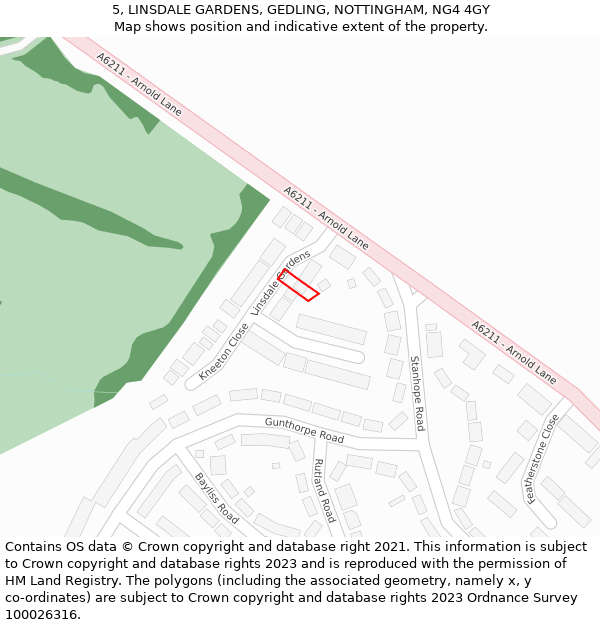 5, LINSDALE GARDENS, GEDLING, NOTTINGHAM, NG4 4GY: Location map and indicative extent of plot